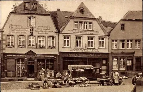 Ak Sankt Wendel Saarland, Häuser mit Bekenntinissprüchen am Domplatz, Marktstände