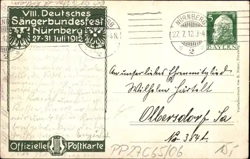 Ganzsachen Künstler Ak Bankel, Nürnberg in Mittelfranken, 8. Dt. Sängerbundesfest 1912