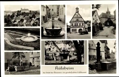 Ak Külsheim in Baden, Stadt der Brunnen, Altes Fachwerkhaus, Ortspartie, Panorama, Brunnen