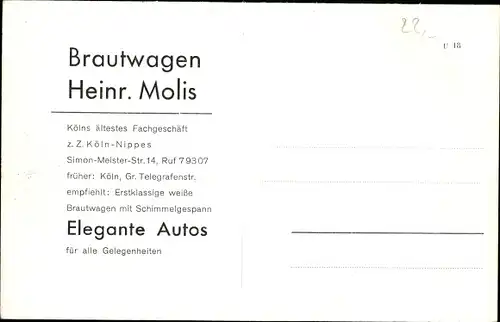 Ak Nippes Köln, Hochzeitskutsche und Brautwagen vor der Bonifatiuskirche, Heinr. Molis, Reklame