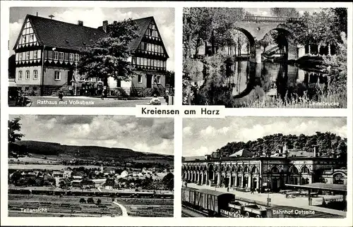 Ak Kreiensen Einbeck, Leinebrücke, Rathaus mit Volksbank, Bahnhof Ostseite, Teilansicht