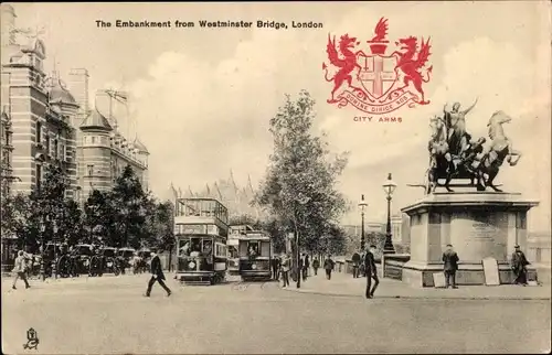 Ak Westminster London City, The Embankment from Westminster Bridge, Straßenbahn