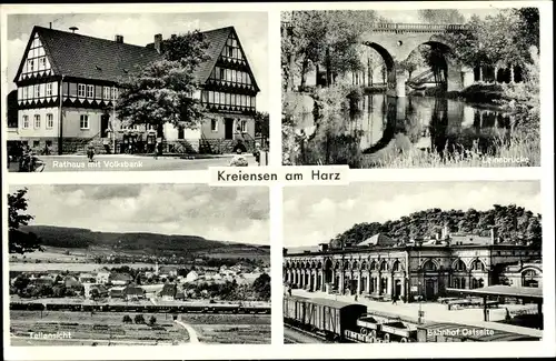 Ak Kreiensen Einbeck, Leinebrücke, Rathaus mit Volksbank, Bahnhof Ostseite, Teilansicht