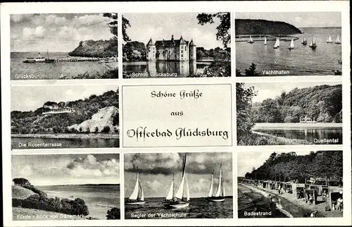 Ak Glücksburg an der Ostsee, Quellental, Yachthafen, Förde, Rosenterrasse, Schloss