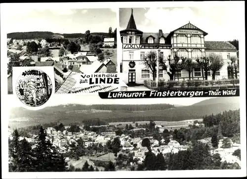 Ak Finsterbergen Friedrichroda im Thüringer Wald, Volkshaus zur Linde, Panorama vom Ort, Wappen