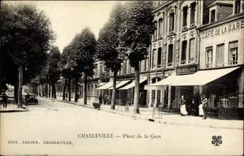 Ak Charleville Ardennes, Place de la Gare, Cafe de la Gare, Hotel du Nord