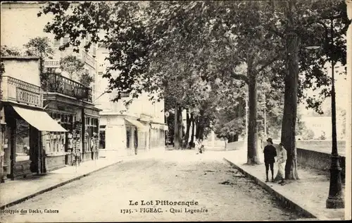 Ak Figeac Lot, Quai Legendre, Straßenpartie, Café