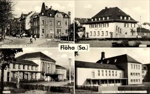 Ak Flöha Sachsen, August Bebel Straße, Rathaus, Postamt, Bahnhof, Lehrkombinat VEB Baumwollspinnerei