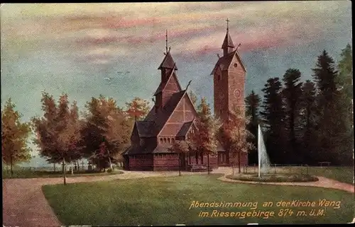 Ak Karpacz Górny Brückenberg Krummhübel Riesengebirge Schlesien, Kirche Wang, Abendstimmung