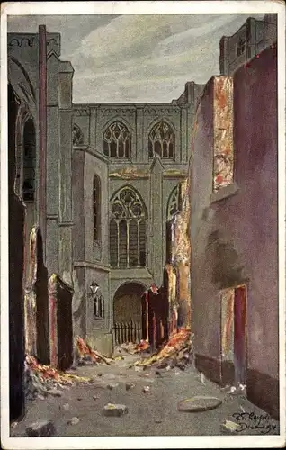 Künstler Ak Dinant Wallonien Namur, Hinter der Kirche, Kriegszerstörungen