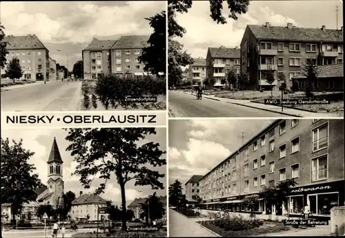 Ak Niesky in der Oberlausitz, Zinzendorfplatz, AWG Siedlung Gersdorfstr., Kirche, Str. d. Befreiung