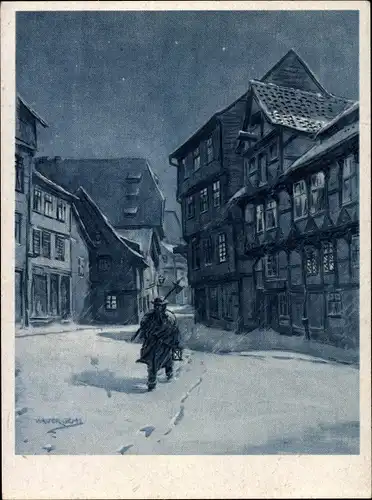 Künstler Ak Halberstadt am Harz, Winternacht an der Woort, Stadtwache, Schnee