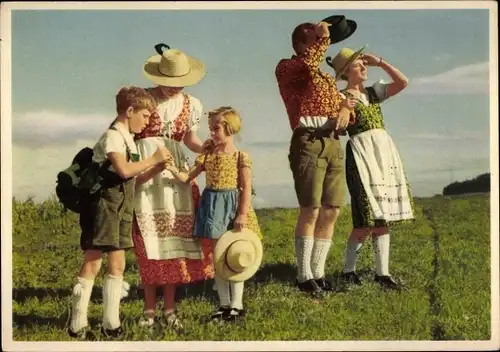 Ak Hinaus ins Freie mit indanthrenfarbiger Kleidung, Reklame Indanthren, Trachtenkleider