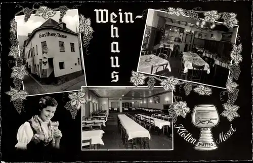 Ak Klotten an der Mosel, Weinhaus Pension Fuchse Mättes, Frau in Tracht, Weinglas