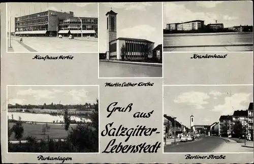 Ak Lebenstedt Salzgitter in Niedersachsen, Kaufhaus Hertie, Parkanlagen, Krankenhaus,Berliner Straße