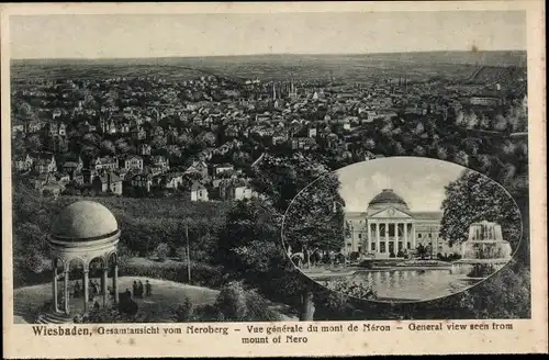 Ak Wiesbaden in Hessen, Gesamtansicht vom Neroberg, Pavillon, Kurhaus