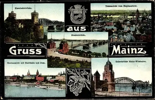 Ak Mainz am Rhein, Eisenbahnbrücke, Stephansturm, Rheinansicht, Stadthalle, Dom, Kaiserbrücke