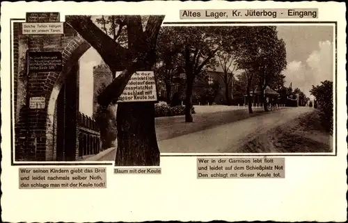 Ak Altes Lager bei Jüterbog in Brandenburg, Baum mit der Keule, Lagereingang