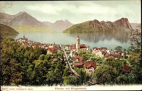 Ak Vitznau Kanton Luzern, Panorama mit Bürgenstock, See