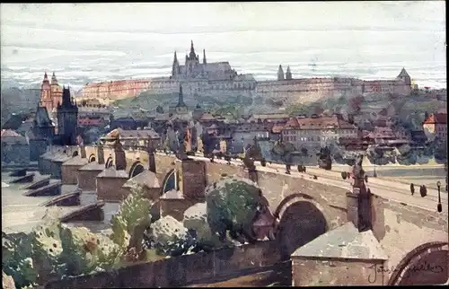 Künstler Ak Setelik, Praha Prag, Panorama des Hradschin, Brücke