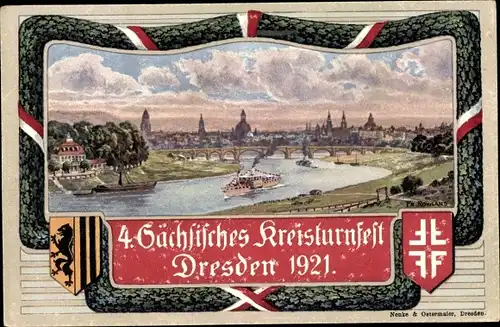 Künstler Wappen Ak Dresden, 4. Sächsisches Kreisturnfest 1921, Stadtansicht vom Waldschlösschen aus