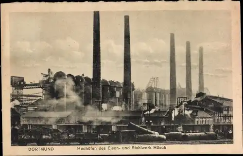Ak Dortmund im Ruhrgebiet, Hochöfen des Eisen- und Stahlwerk Hösch, Güterwaggons
