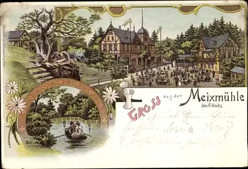 Litho Dresden Nordost Pillnitz, Gruss aus der Meixmühle, Ruderpartie