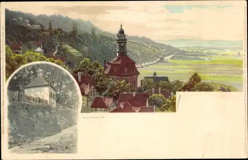 Litho Dresden Loschwitz, Kirche am Elbhang, Ansicht vom Schillerhaus