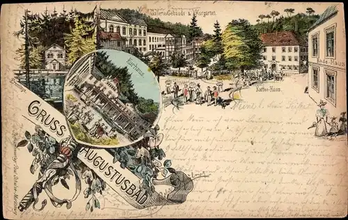 Litho Liegau Augustusbad Radeberg in Sachsen, Galleriegebäude und Kurgarten, Kurhaus