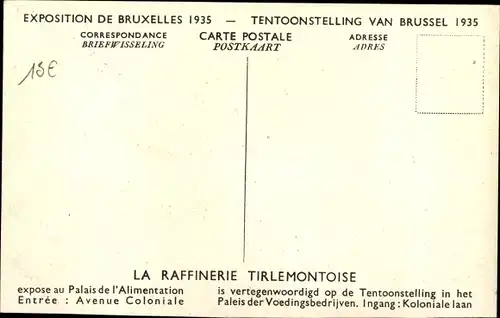 Ak Tirlemont Flämisch Brabant Flandern, Reklame, Raffinerie Tirlemontoise, Weltausstellung 1935