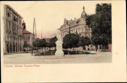 Ak Villach in Kärnten, Hanns Gasser Platz mit Denkmal