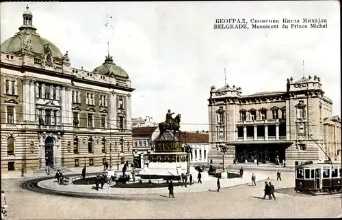 Ak Beograd Belgrad Serbien, Monument du Prince Michel, Straßenbahn