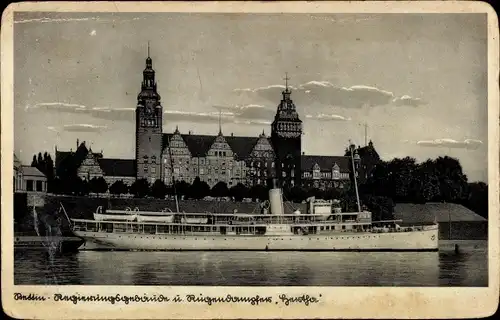 Ak Stettin Pommern, Regierungsgebäude, Dampfer
