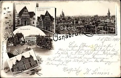 Litho Osnabrück in Niedersachsen, Gasthof zur Walhalla, Renaissancehaus, Bierstraße, Post