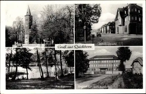 Ak Quickborn in Holstein, Kirche, Trumpf Schokoladen Fabrik, Elsensee, Bahnhofstraße