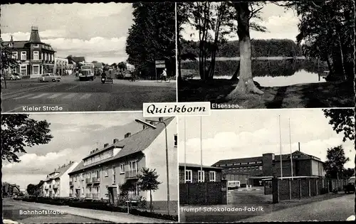 Ak Quickborn in Holstein, Kieler Straße, Trumpf Schokoladen Fabrik, Elsensee, Bahnhofstraße