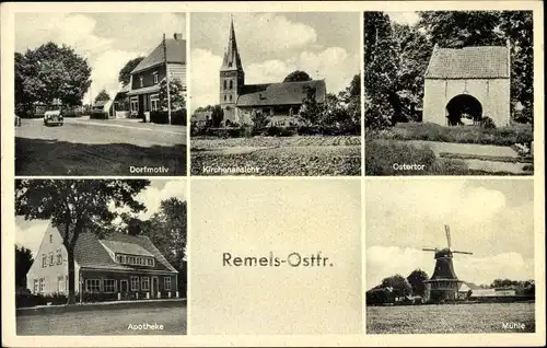 Ak Remels Uplengen in Ostfriesland, Dopfmotiv, Windmühle, Apotheke, Kirche, Ostertor