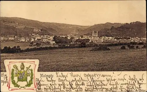 Wappen Ak Malmédy Wallonien Lüttich, Blick auf den Ort