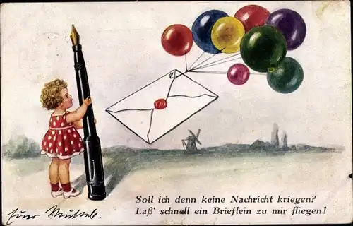 Ak Soll ich denn keine Nachricht kriegen, Brief an Luftballons, Mädchen mit Füller