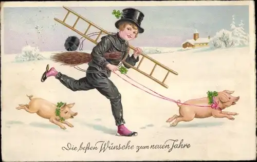 Ak Glückwunsch Neujahr, Schornsteinfeger und Schweine, Winterlandschaft