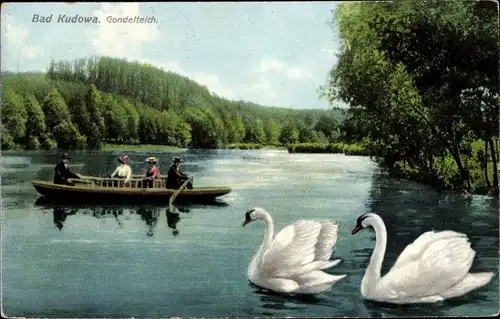 Ak Kudowa Zdrój Bad Kudowa Schlesien, Schwäne und Ruderboot auf dem Gondelteich