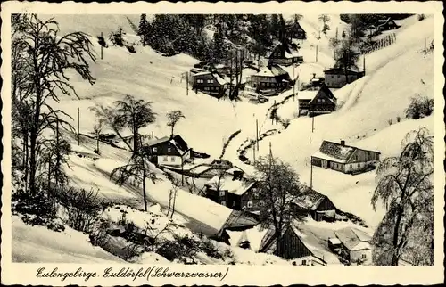 Ak Euldörfel Eulengebirge Schlesien, Schwarzwasser, Ortsansicht im Winter