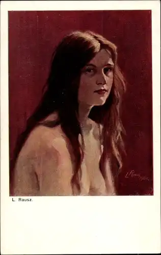 Künstler Ak Rausz, L., Frauenakt, nackte Frau, Portrait, Busen