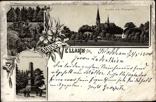 Litho Vellahn in Mecklenburg, Kirche, Pfarrgehöft, Kriegerdenkmal, Herzogsquelle