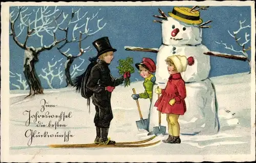 Ak Glückwunsch Neujahr, Schornsteinfeger auf Skiern, Schneemann