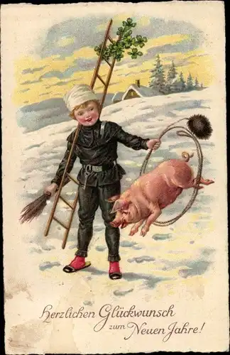 Ak Glückwunsch Neujahr, Schornsteinfeger mit Glücksschwein, Kleeblätter