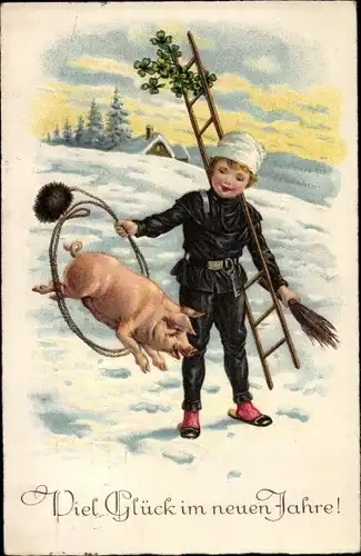 Ak Glückwunsch Neujahr, Schornsteinfeger mit Glücksschwein, Kleeblätter