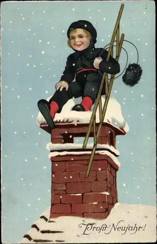 Ak Glückwunsch Neujahr, Schornsteinfeger auf dem Dach, Schneefall