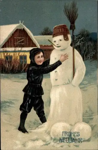 Ak Glückwunsch Neujahr, Schornsteinfeger baut einen Schneemann