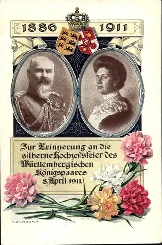 Ak König Wilhelm II. von Württemberg, Marie zu Waldeck und Pyrmont, Silberhochzeit 1911, Wappen
